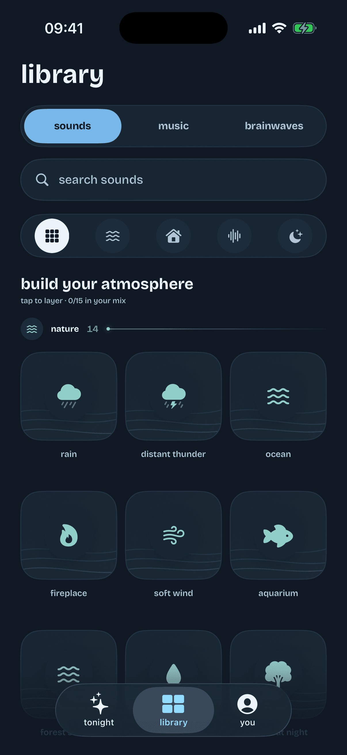 Sleep Scene sound library with nature, rooms, noise, and comfort sounds