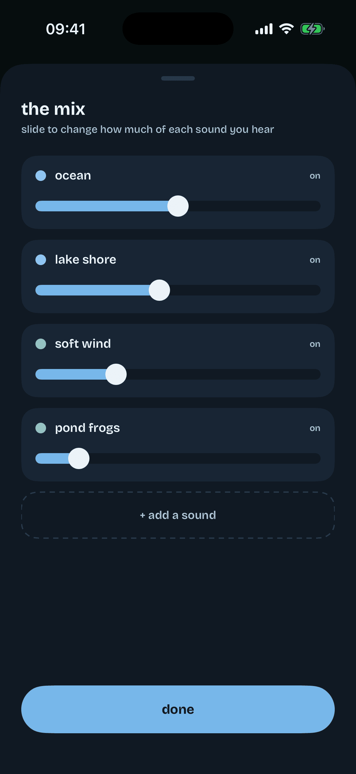 Sleep Scene mix sheet with individual audio layer controls