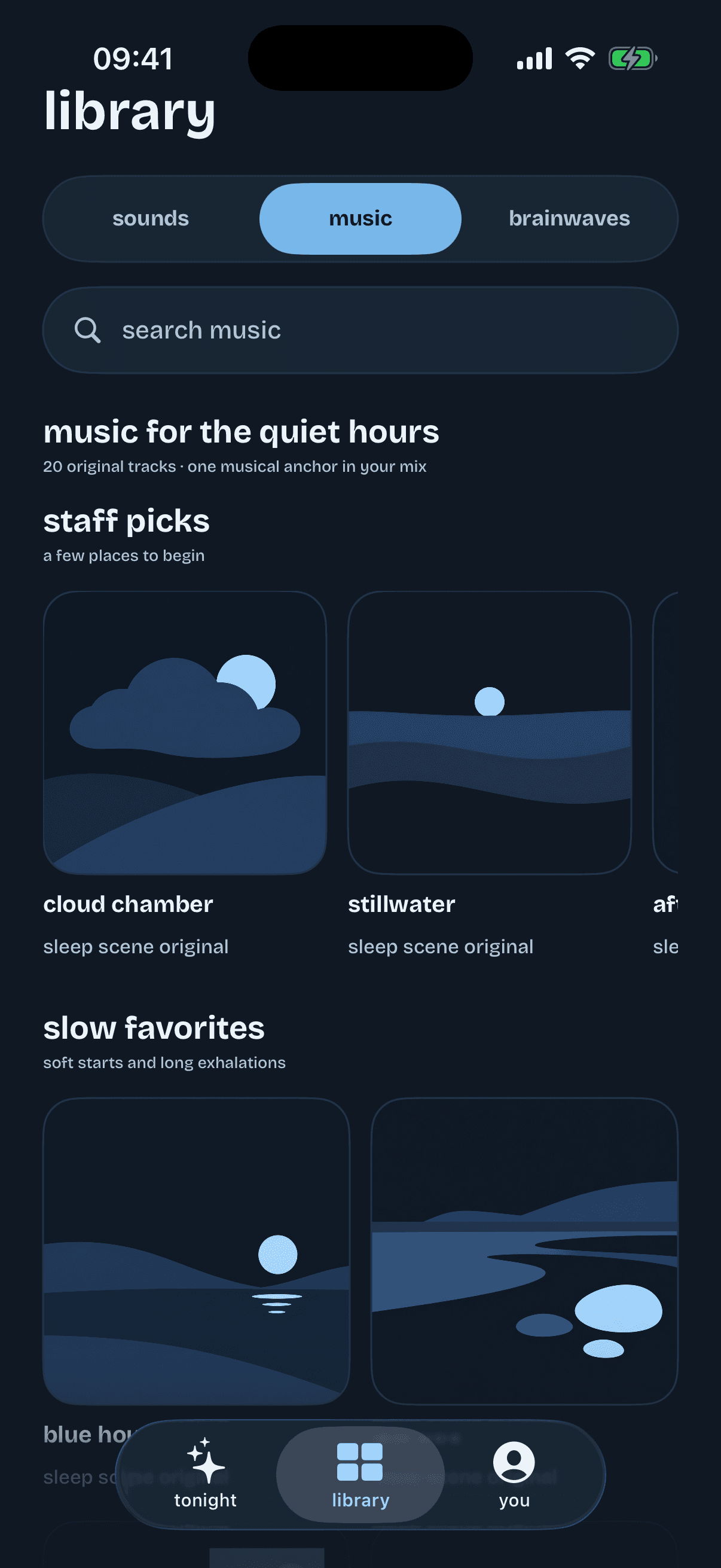 Sleep Scene music library with original tracks and staff picks