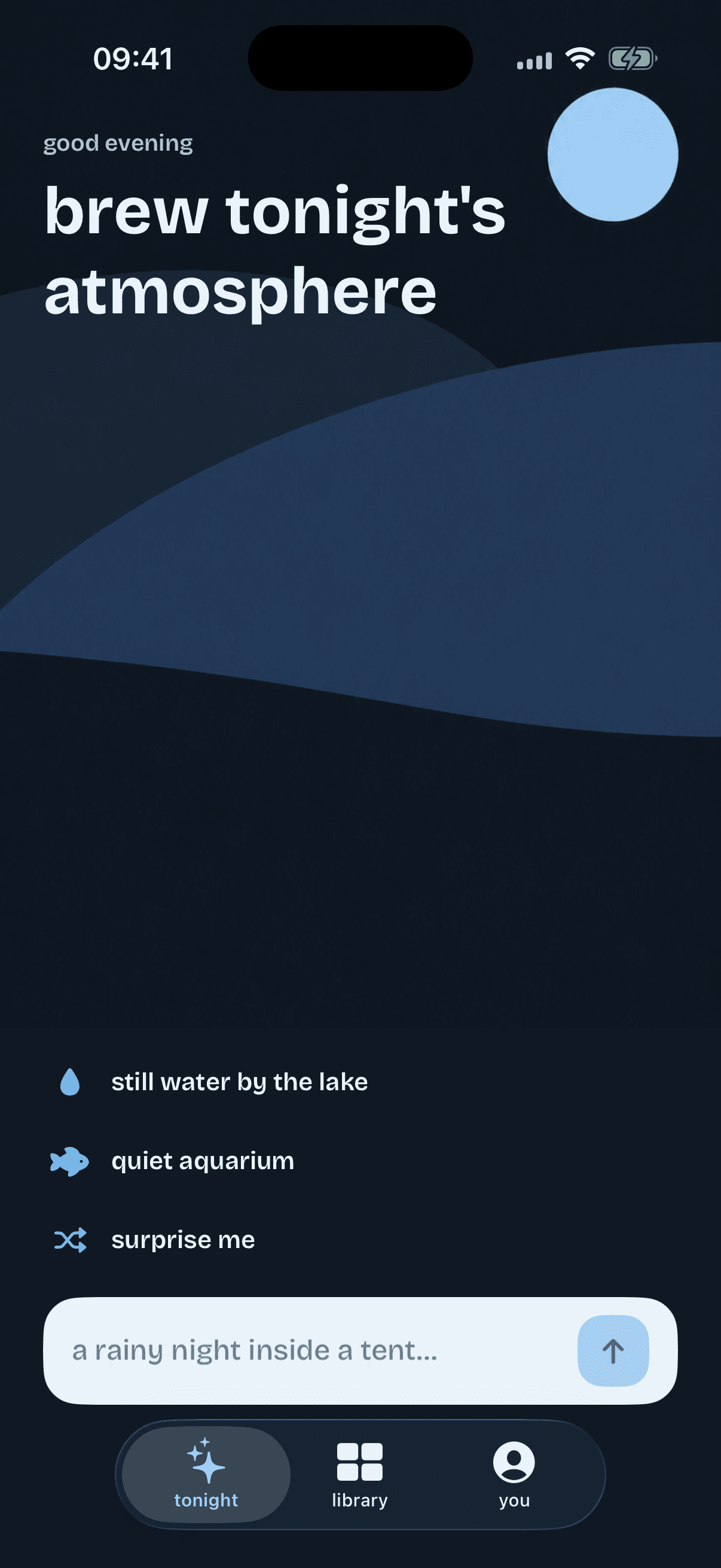 Sleep Scene Tonight screen with soundscape suggestions and an AI prompt